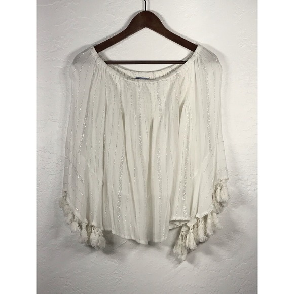 Studio West White Blouse Shirt Smock Neck Petite Medium Rayon Top Boho Tassel - Picture 1 of 7